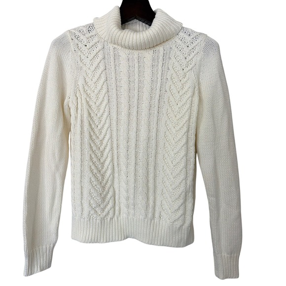Lands' End Sweaters - Lands End Drifter Womens Medium Ivory Cable Knit Cotton Turtleneck Sweater